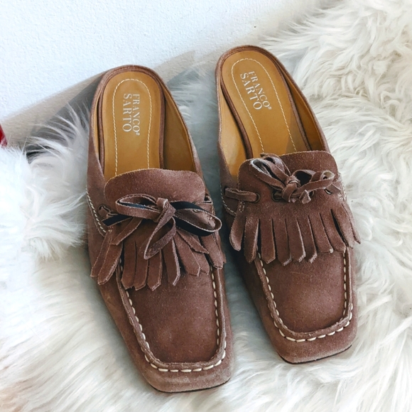 Franco Sarto Shoes - Franco Sarto Dusty Lilac Suede Fringe Kitten Heel Mules 8